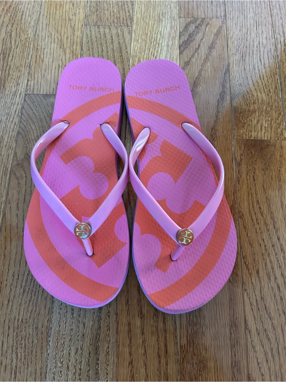 Tory Burch Pink and Coral Logo Thong Sandals